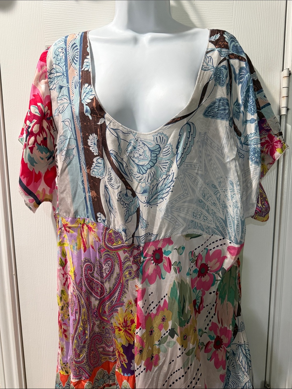Johnny Was Silk Maxi Dress Tropic Georgette Pink Green Floral Paisley Shift 2X - Picture 3 of 5